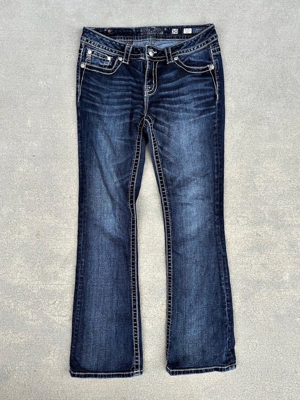 Miss Me Mid-Rise Bootcut Jeans with Ornate Floral Crystal Pockets Blue Waist 30